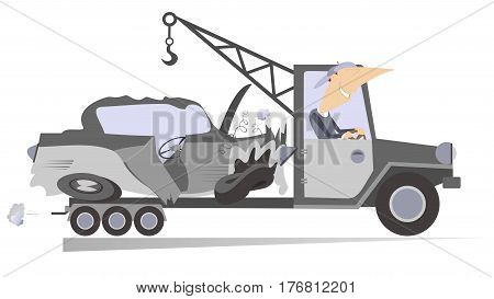 Wrecker isolated. Technical help worker transports a crashed car