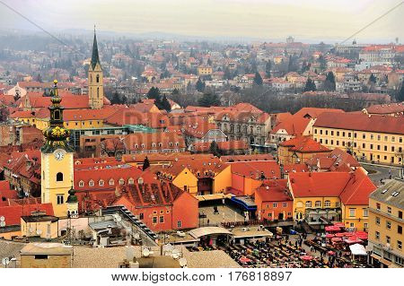 ZAGREB CROATIA - FEBRUARY 12: Top view of the city centre of Zagreb on February 12 2017. Zagreb is a capital and largest city of Croatia.