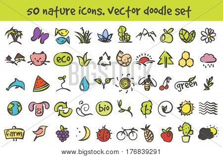 Vector doodle nature icons set. Stock cartoon signs for design.