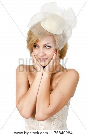 Happy girl in a white evening dress and necklace. Bare shoulders