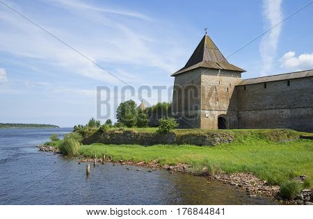 View of the tower, sunny day in July. The Oreshek Fortress, Russia