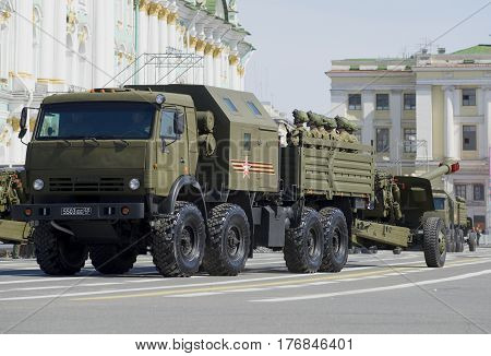 SAINT PETERSBURG, RUSSIA - MAY 05, 2015: Artillery KAMAZ-6350 with a gun at the rehearsal of parade in honor of Victory Day