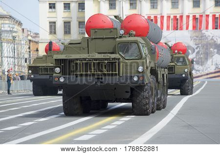 SAINT PETERSBURG, RUSSIA - MAY 05, 2015: Launcher s-300PM at the rehearsal of parade in honor of Victory Day in St. Petersburg