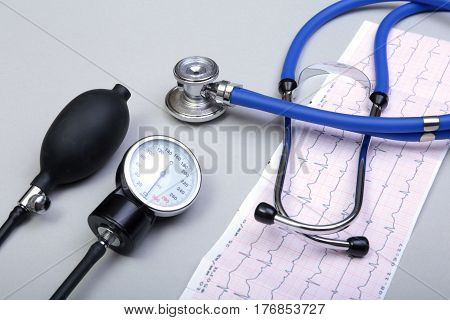 RX prescription, Red heart, asorted pils and a stethoscope on white background.