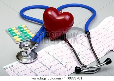 RX prescription, Red heart, asorted pils and a stethoscope on white background.