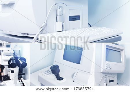 Equipment for ophthalmology. Computer and optical equipment for testing eyesight in the clinic.