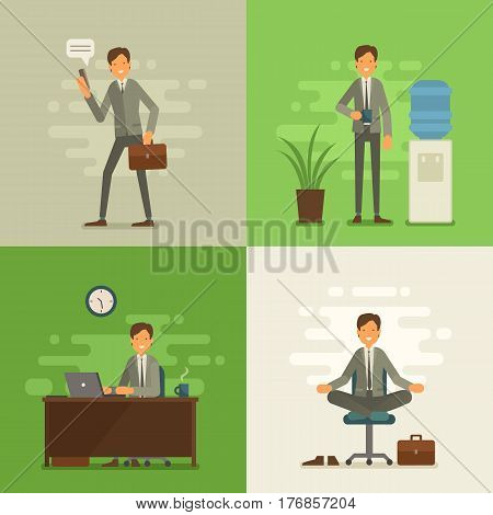 Cool Vector Flat Design Business Characters. Corporate Specialists Friendly Smiling. Man Going To Wo