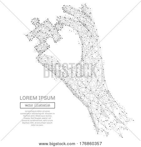 Abstract hand holding puzzle polygonal, geometry triangle. Light connection structure. Low poly vector background. Business concept
