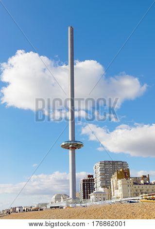BRIGHTON GREAT BRITAIN - FEB 24 2017: The attraction British Airways i360 at the Brighton beach. February 24 2017 in Brighton Great Britain
