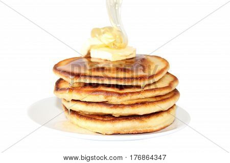 A pancake is a flat cake often thin and round prepared from a starch-based batter that may also contain eggs milk and butter and cooked on a hot surface such as a griddle or frying pan often with oil or butter. They may be served at any time with a variet