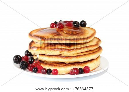 A pancake is a flat cake often thin and round prepared from a starch-based batter that may also contain eggs milk and butter and cooked on a hot surface such as a griddle or frying pan often with oil or butter. They may be served at any time with a variet