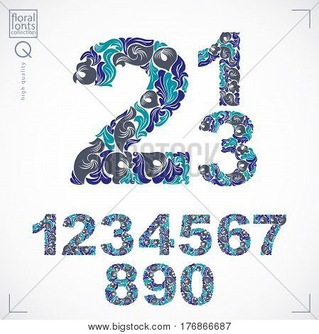 Floral Numerals, Hand-drawn Vector Numbers Decorated With Botanical Pattern. Blue Ornamental Numerat