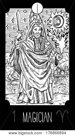 Magician. 1 Major Arcana Tarot Card. Fantasy engraved line art illustration. Engraved vector drawing. See all collection in my portfolio set