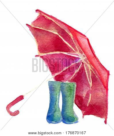 watercolor sketch of pair rain boots and red umbrella isolated on white background