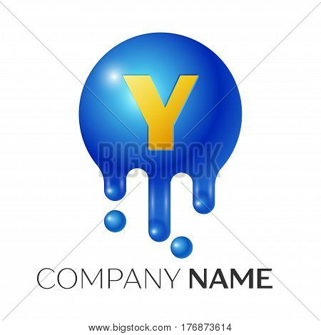Y Letter splash logo. Blue dots and bubbles letter design on grey background. Vector Illustration