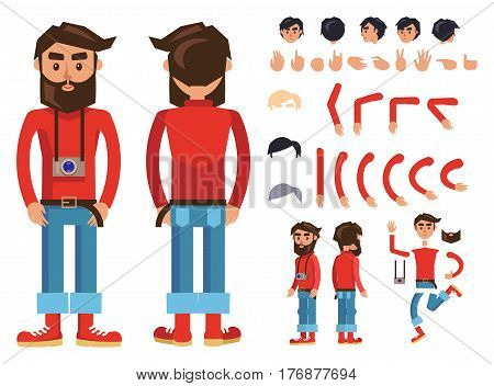 Hipster character constructor with body parts, gesture, gadget and hair colors. Bearded man in red jumper, rolled up jeans and boots with photo camera on neck from different sides isolated flat vector