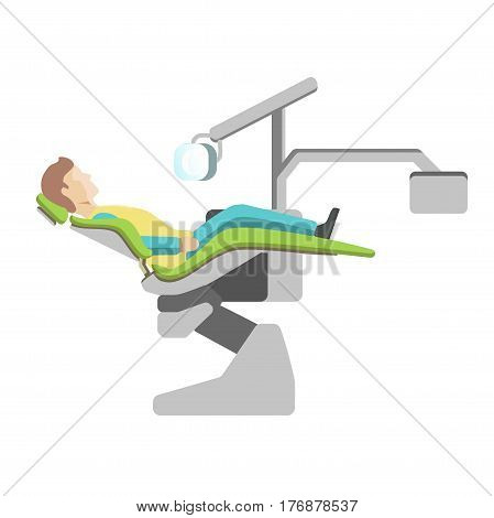 Male patient on dentist chair with special elements isolated on white. Vector colorful illustration with lying person that has some problems with teeth. Medical healthcare concept flat picture