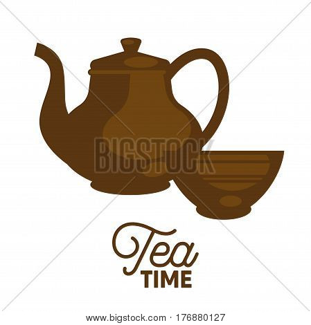 Dark tea time set flat and shadow theme close-up icon. Large teapot with round piala on white background with text. Vector illustration of drink ceremony in cartoon style hand drawn logotype