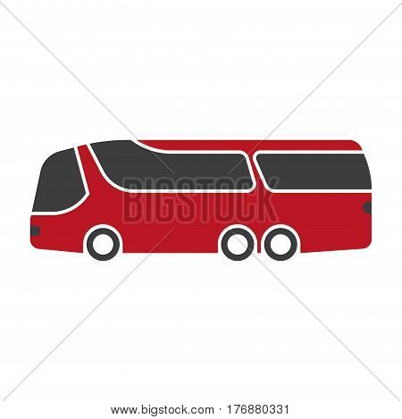 Red shuttle bus with large black windshield art isolated on white. Vector illustration of transport. Big autobus icon with six wheels. Realistic hand drawn pattern in cartoon style flat design.