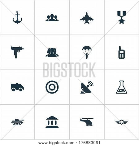 Vector Illustration Set Of Simple War Icons. Elements Walkies, Ship Hook, Courthouse And Other Synonyms Order, Shield And Weapon.