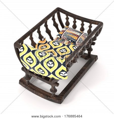 Vintage wooden cradle isolated on white background. Bright baby blanket and a pillow with a traditional African pattern. 3d rendering.