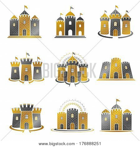 Ancient Citadels Emblems Set. Heraldic Vector Design Elements Collection. Retro Style Label, Heraldr