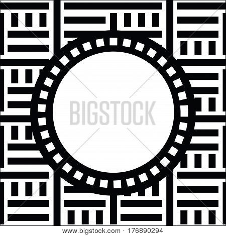 Vector round frame with place for text. Abstract strong geometrical background. Simple precise geo pattern of straight lines on white background. Black and white digital graphic. Striped texture