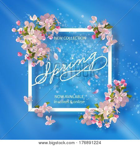 Vector background with spring cherry blossom. Spring collection banner with Apple blossoming branch and text