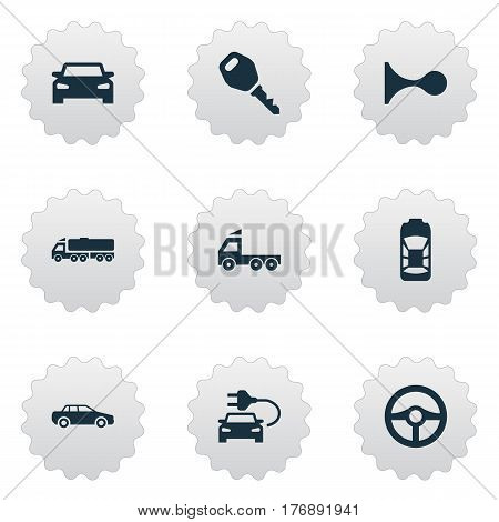 Vector Illustration Set Of Simple Auto Icons. Elements Automobile, Car Charging, Klaxon And Other Synonyms Car, Trucks And Siren.