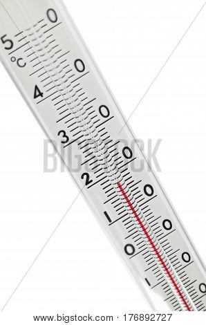 Celsius scale centigrade thermometer glass bulb red alcohol spirit meteorological environment temperature indication fluid isolated macro closeup vertical perspective gentle bokeh