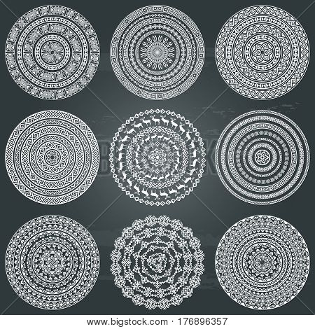 Monochromatic ethnic seamless textures. Round ornamental vector shape isolated on chakboard background. Oriental arabesque pattern background. Vector illustration in black and white colors