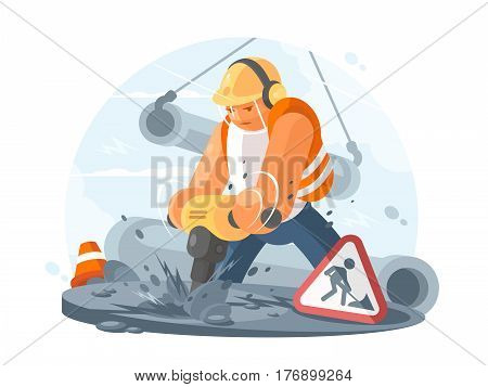 Road worker wearing in helmet with puncher. Construction works. Vector illustration