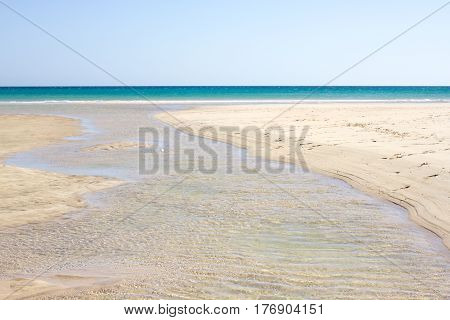 Incredible view of Costa Calma beach, blue lagoon. Playa Barca, Fuerteventura, Canary islands, Istmo de la pared view. Spain