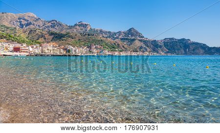 View Of Taormina City And Giardini Naxos Village