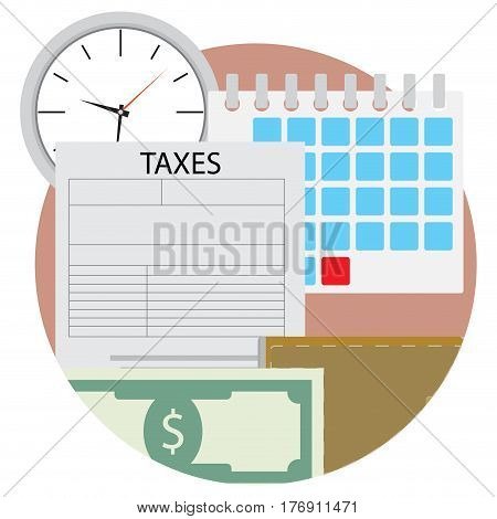 Time pay tax icon. Wallet and cash tax document income federal taxation vector illustration