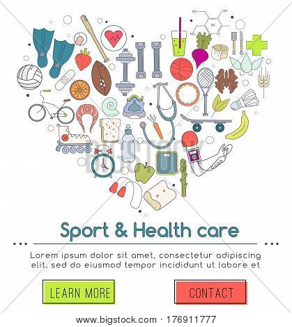 Vector banner of colored icons for your web design. Banner includes colorful icons of healthy food and sport. Healthy lifestyle concept in flat design.