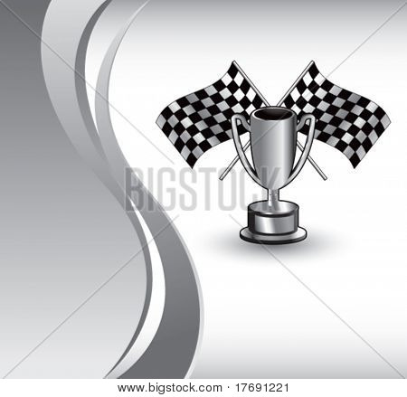 Rennsport karierten Flaggen und Trophy auf vertikale Welle Hintergrund