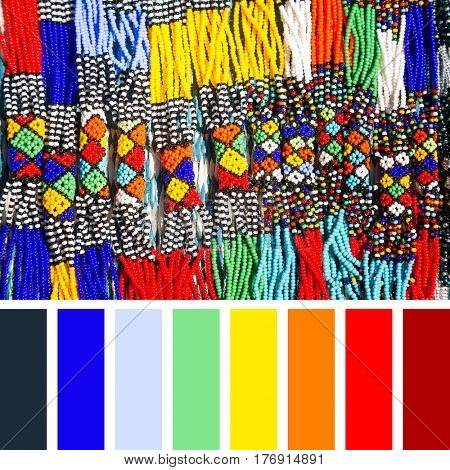 African tribal necklaces made from intricate bead work in bright colours.  In a colour palette with complimentary colour swatches.