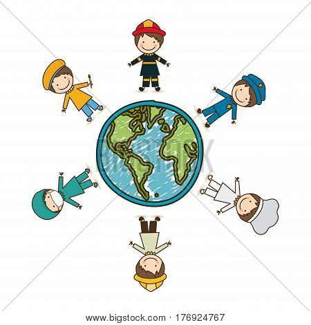colorful caricature male people professions around world earth map vector illustration