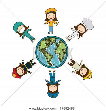 colorful caricature female people professions around world earth map vector illustration