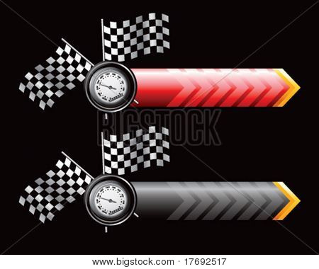 speedometer and checkered flags on arrow banners