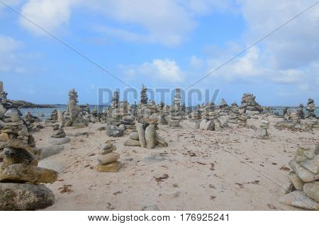 Stone stacks on Baby Beach in Aruba.