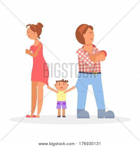 Sad child between quarreling parents. Vector illustration eps 10