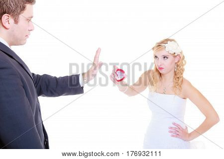 Marriage proposal future wife concept. Man proposes to woman showing beautiful ring she refuses