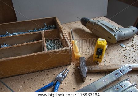 Some carpenter's tools. Working tools. Working tools on wooden table