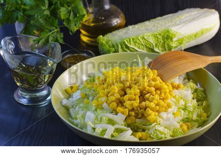 Fresh vegetable and dietary salad from cabbage and corn