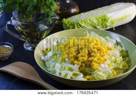 Fresh vegetable and dietary salad from cabbage and corn