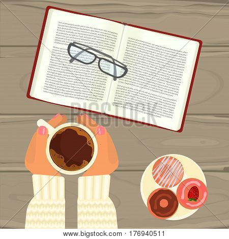 Person with hot coffee, cucakes, book and glasses on wooden table. Top view vector illustration eps 10
