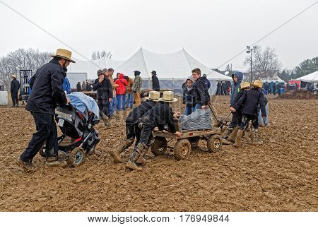 PENRYN PENNSYLVANIA - MARCH 18, 2017: A rainy muddy day at the annual 