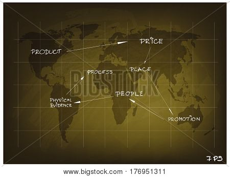 Business Concepts Illustration of Marketing Mix or 4Ps Model for Management Strategy on World Map. A Foundation Concept in Marketing. .